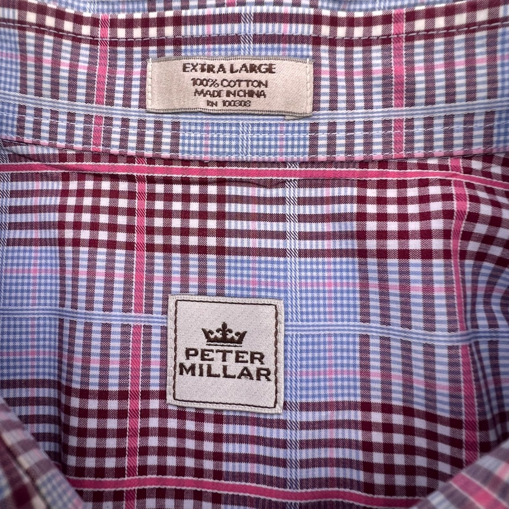 Peter Millar Mens XL Button Down Shirt 100% Cotton Plaid Blue Burgundy Pink - Picture 2 of 8